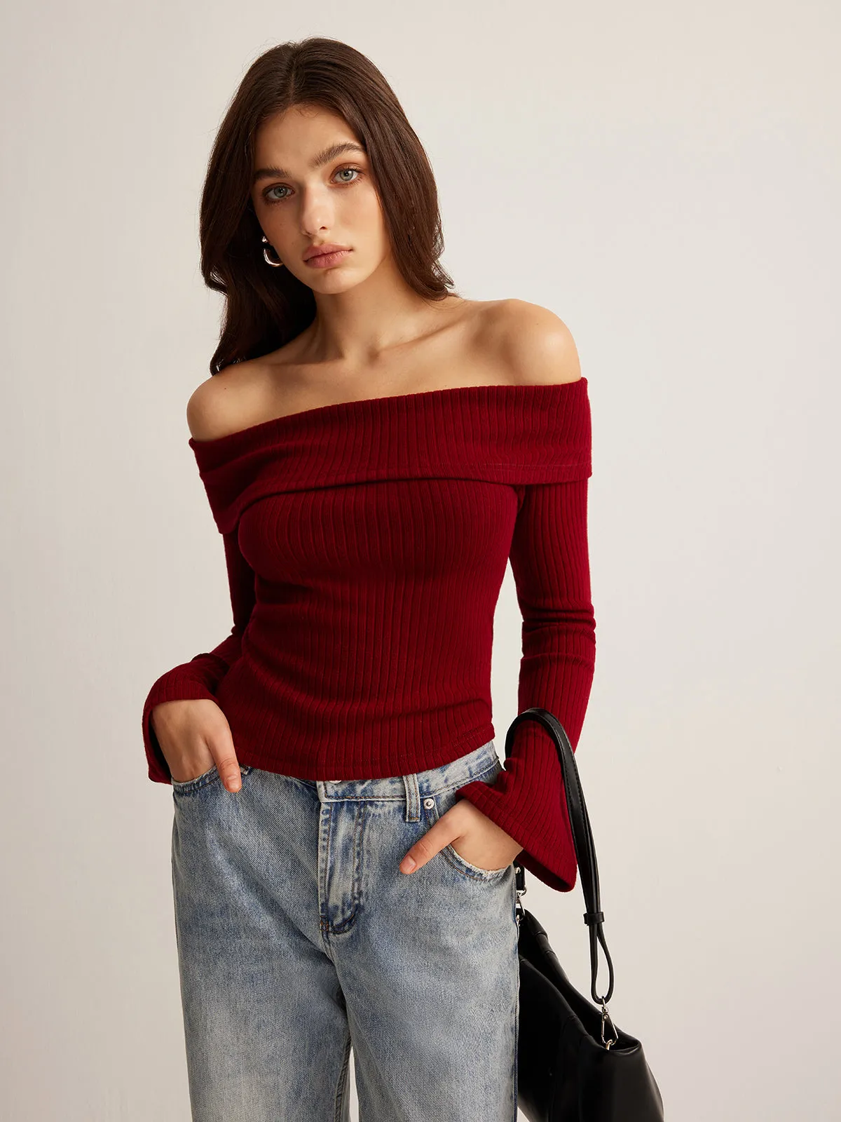Off-Shoulder Ribbed Slim Top sold by COMMENSE product image thumbnail 3