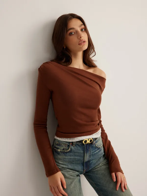 Asymmetrical Shoulder Lace Trim Jersey Top sold by COMMENSE