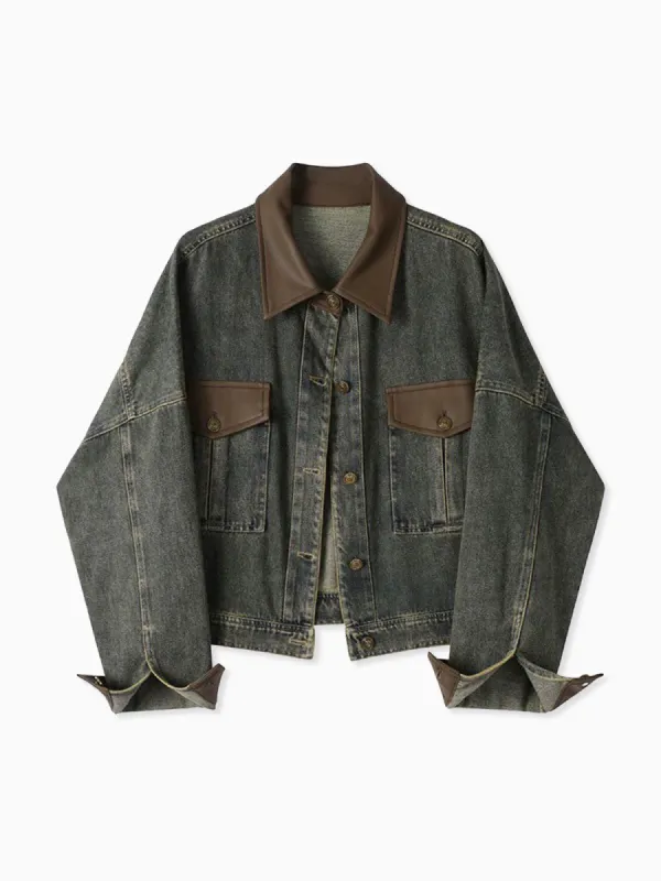 Vintage Contrast Trim Lapel Denim Jacket sold by COMMENSE