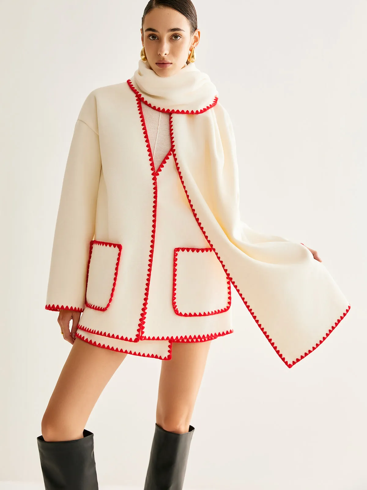 Embroidered Trim Tweed Coat With Scarf sold by COMMENSE