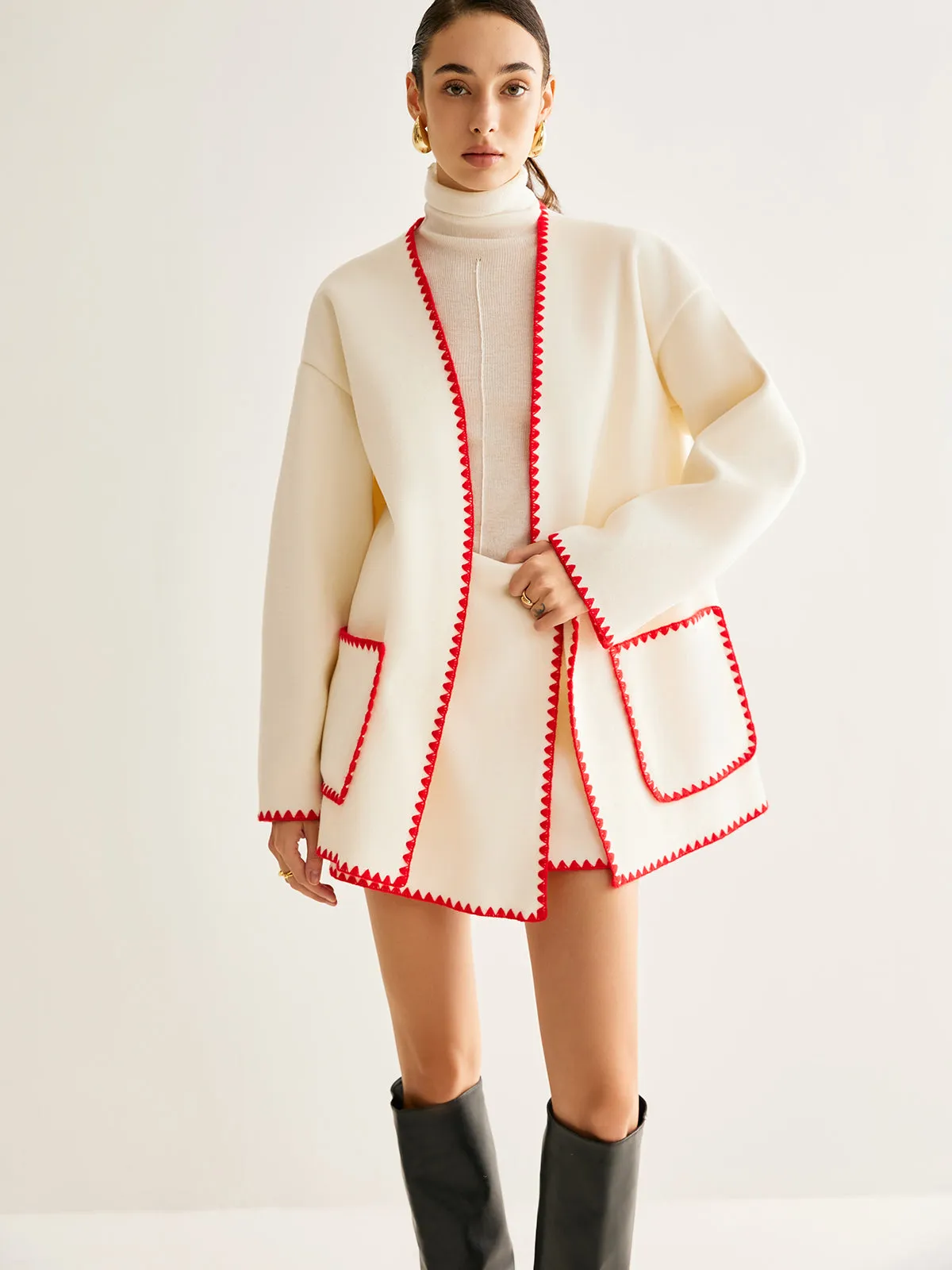 Embroidered Trim Tweed Coat With Scarf sold by COMMENSE product image thumbnail 2