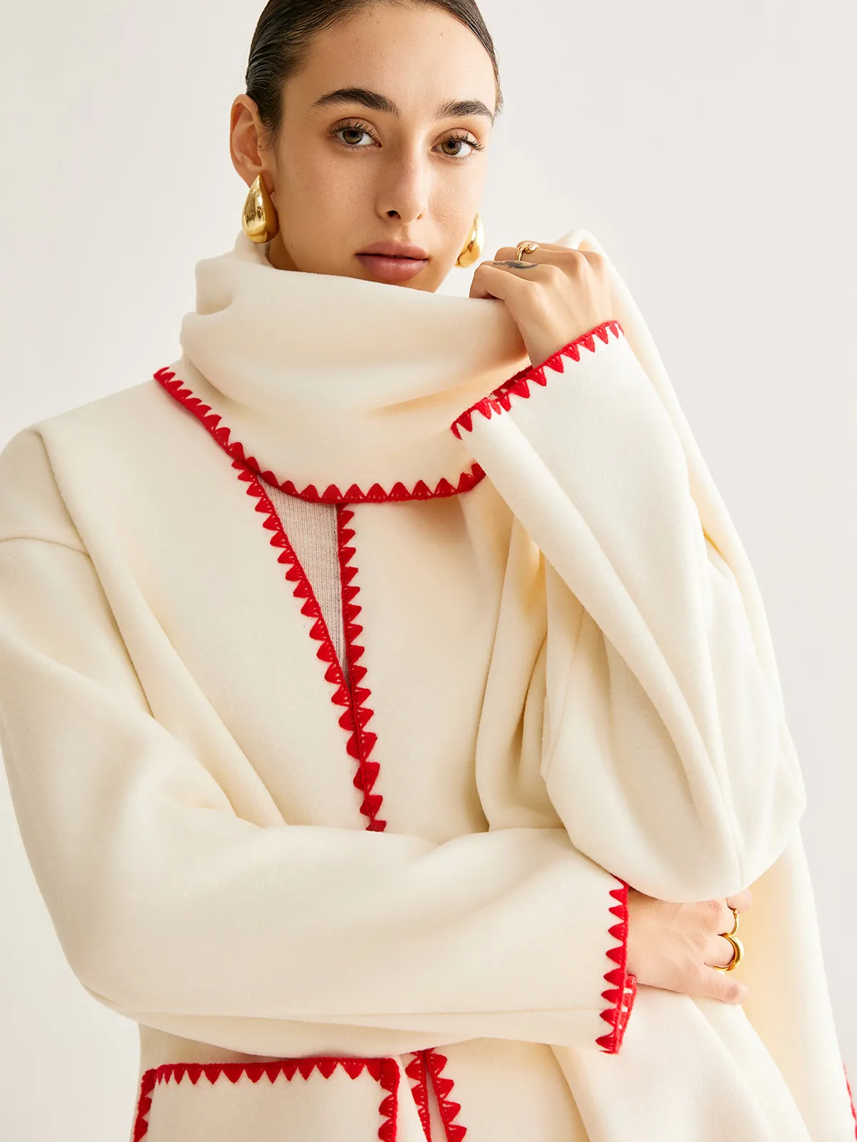 Embroidered Trim Tweed Coat With Scarf sold by COMMENSE product image thumbnail 3