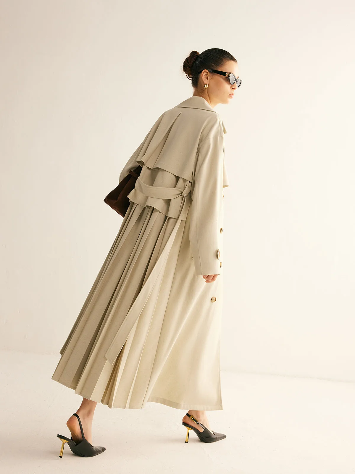 Elegant Pleated Trench Coat With Belt sold by COMMENSE product image thumbnail 4