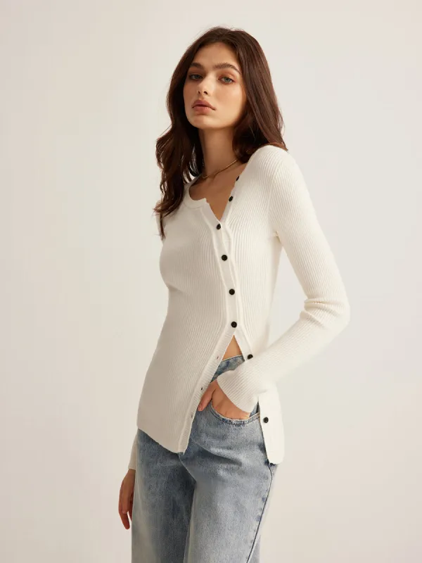 Plain Asymmetrical Breasted Sweater sold by COMMENSE