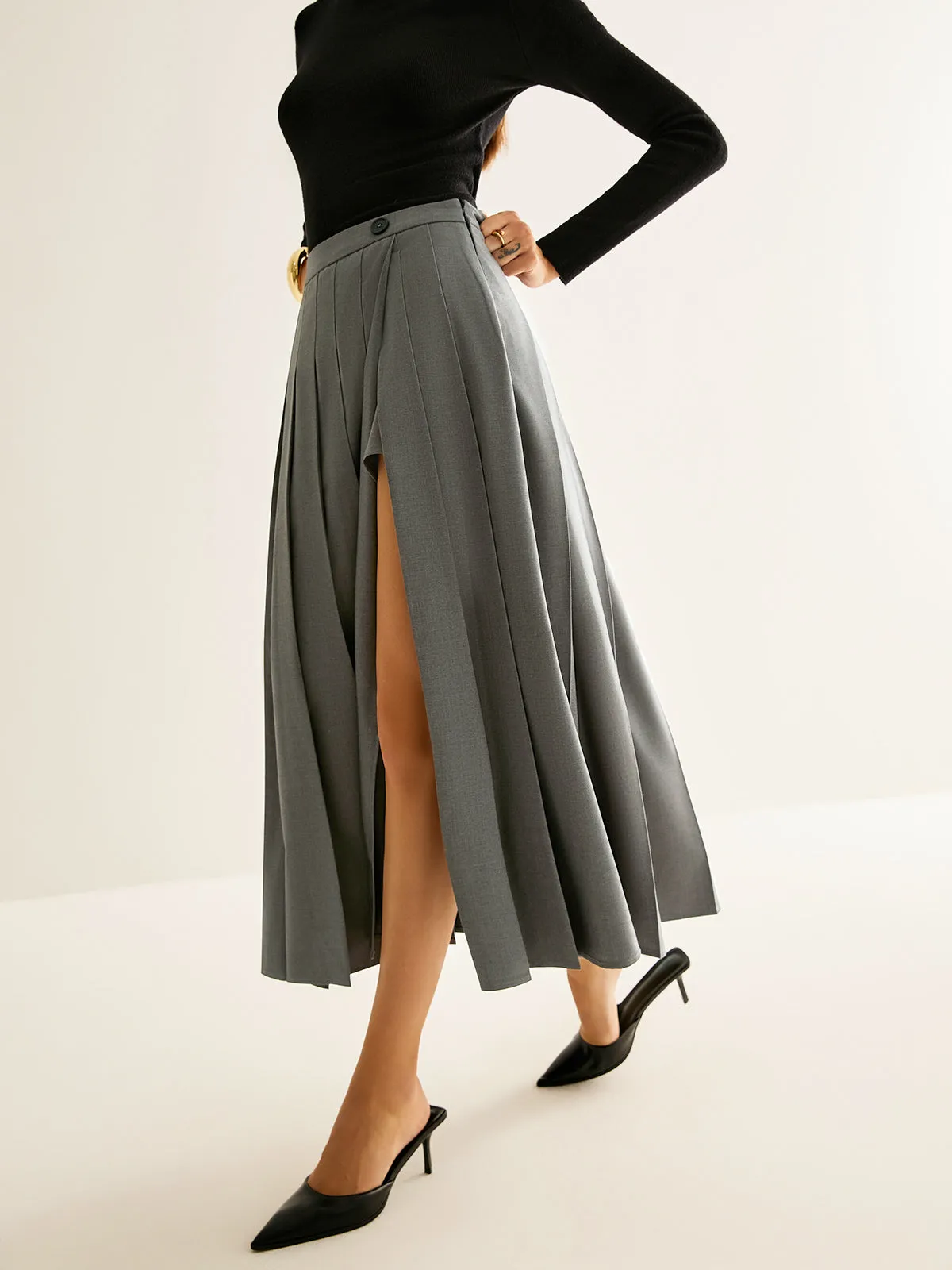 Pleated Slit Zipper Skirt sold by COMMENSE product image thumbnail 4