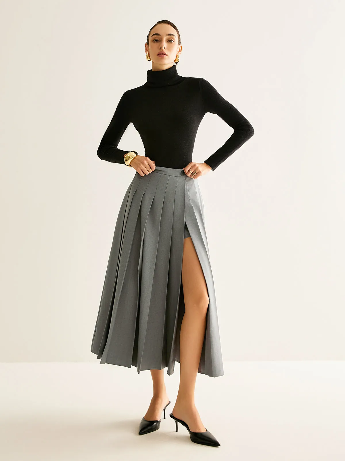 Pleated Slit Zipper Skirt sold by COMMENSE