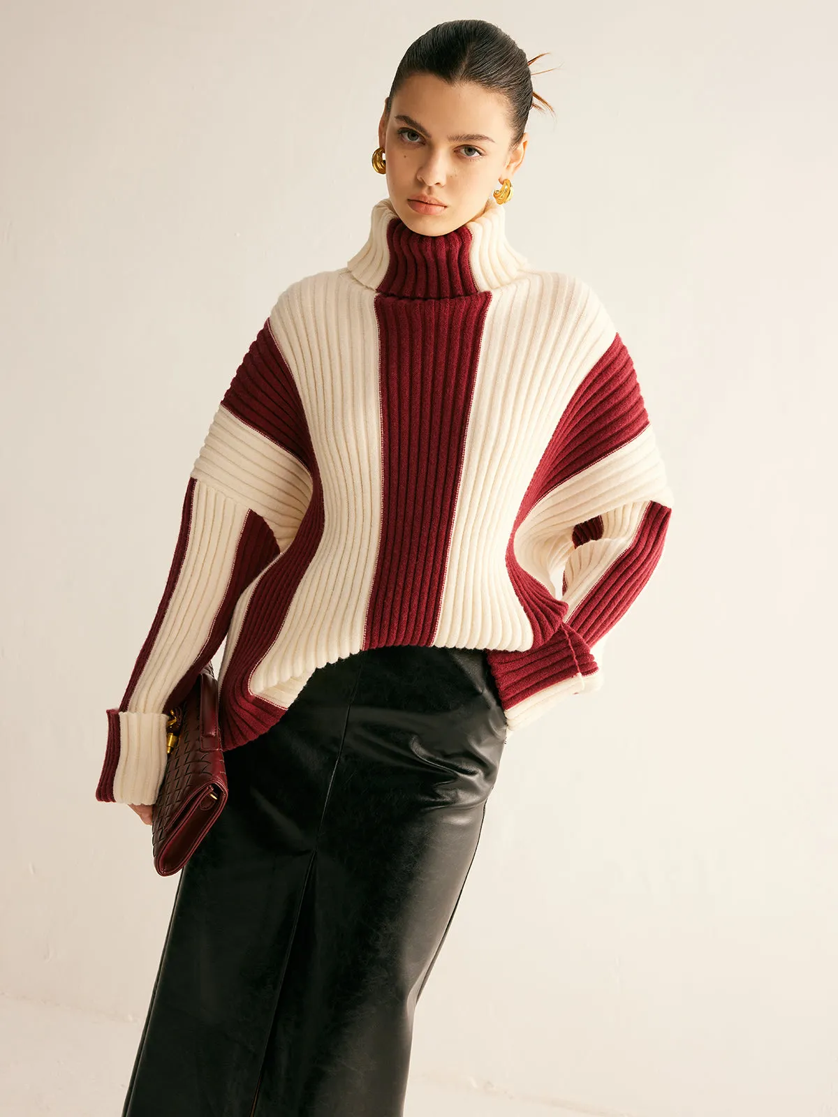 Ribbed Color Block Turtleneck Sweater sold by COMMENSE
