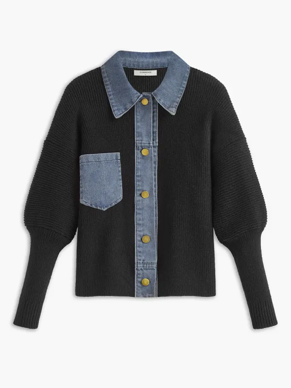 Breasted Denim Panel Knit Top sold by COMMENSE