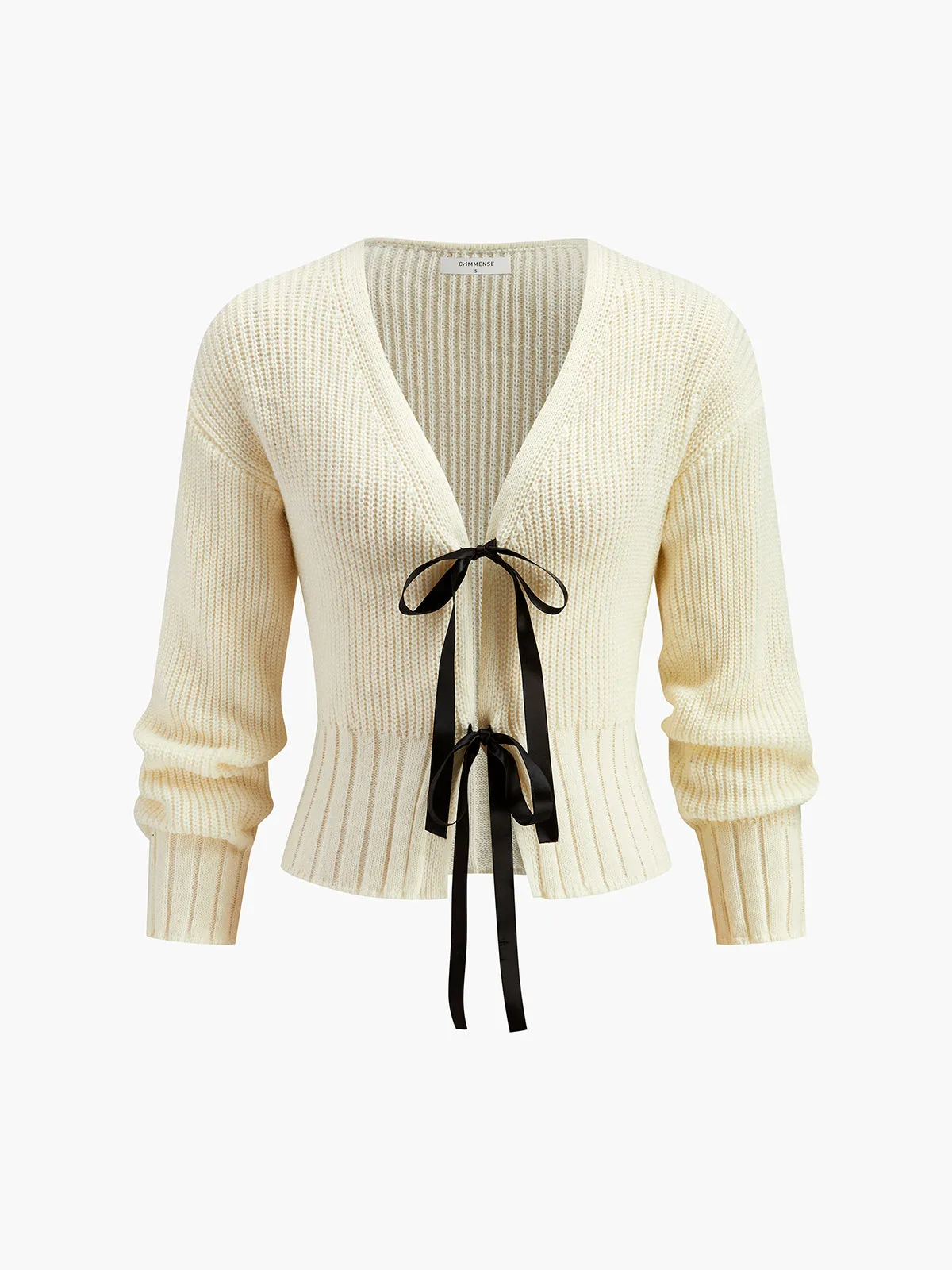 V-Neck Bow Ribbed Cardigan sold by COMMENSE