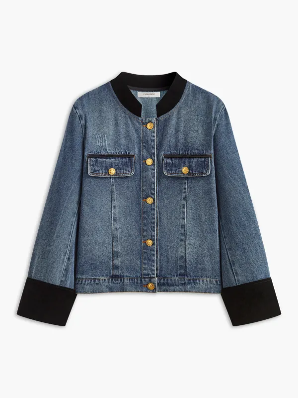 Velvet Panel Denim Breasted Jacket sold by COMMENSE