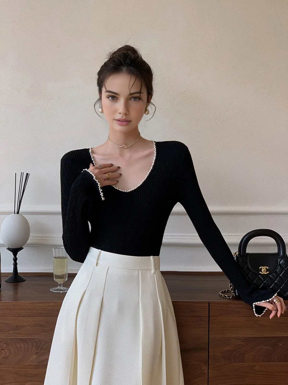 V-Neck Pearl Trim Knit Top sold by COMMENSE product image thumbnail 4