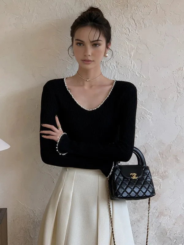 V-Neck Pearl Trim Knit Top made by COMMENSE