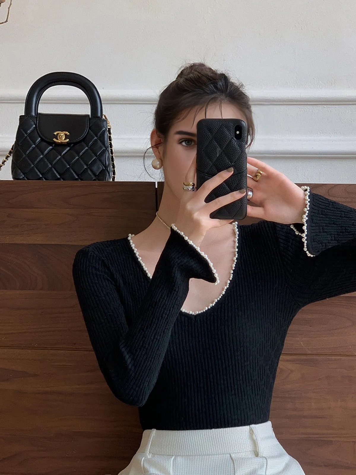 V-Neck Pearl Trim Knit Top sold by COMMENSE product image thumbnail 5