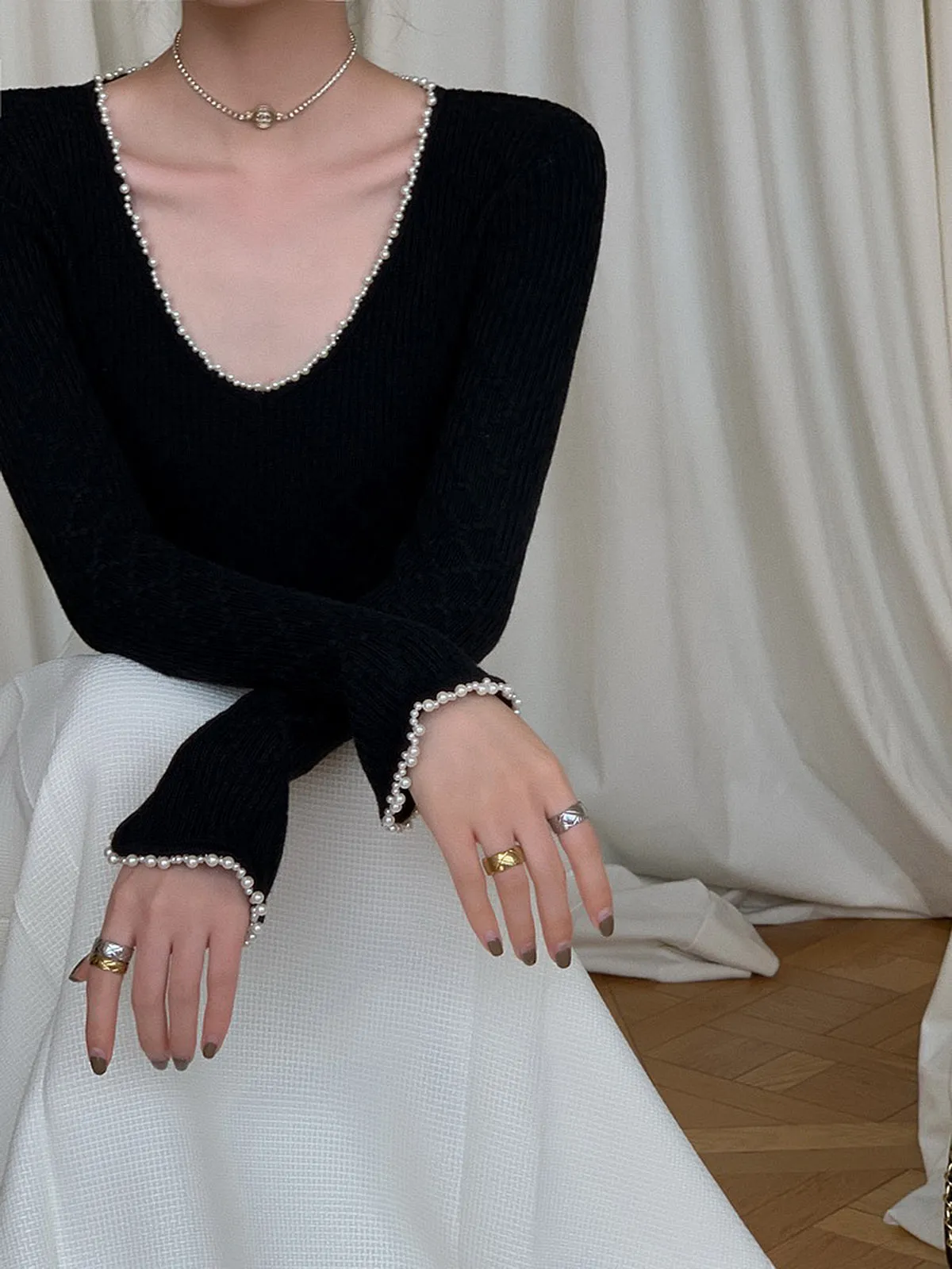 V-Neck Pearl Trim Knit Top sold by COMMENSE product image thumbnail 2