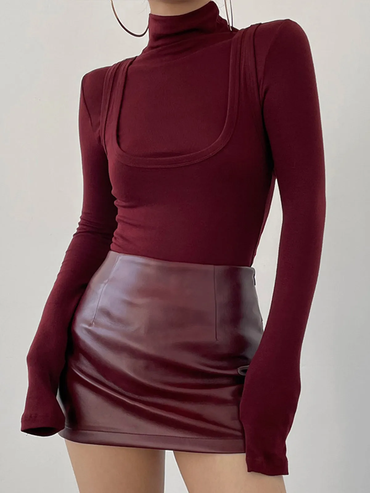 2 in 1 Burgundy Mock Neck Jersey Top sold by COMMENSE product image thumbnail 4