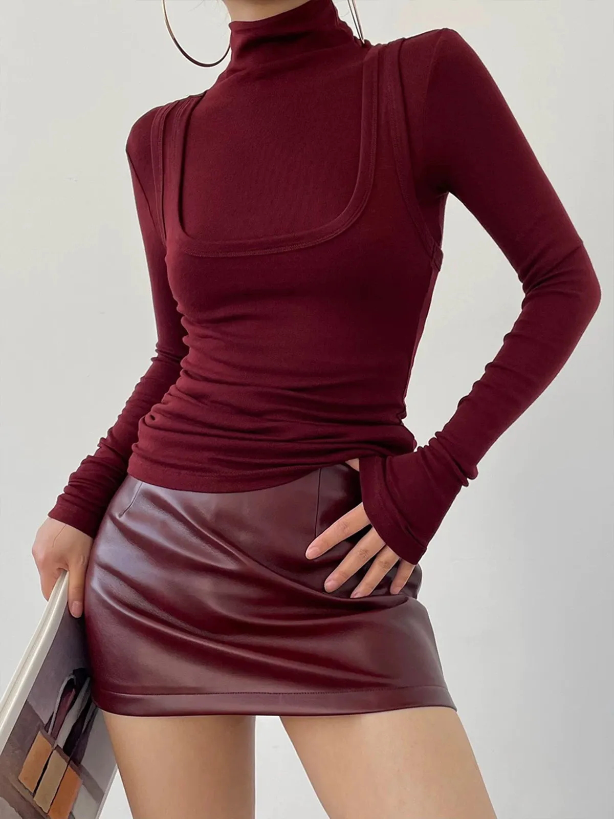 2 in 1 Burgundy Mock Neck Jersey Top sold by COMMENSE