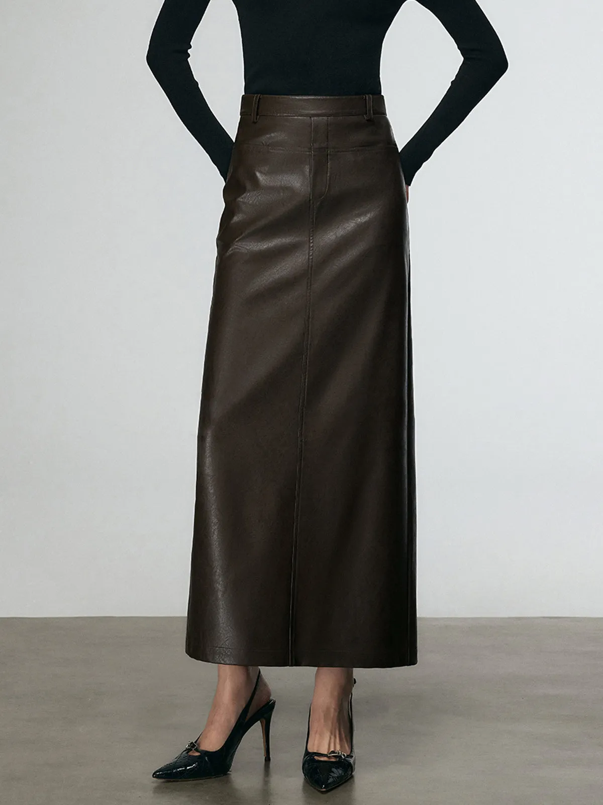 Faux Leather Split Midi Skirt sold by COMMENSE product image thumbnail 3