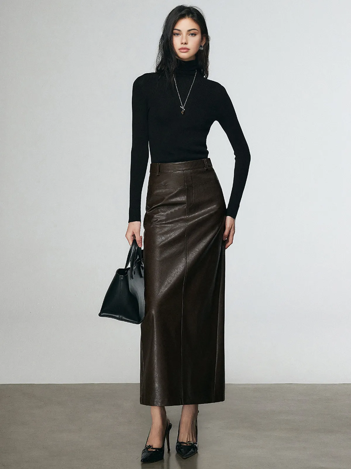 Faux Leather Split Midi Skirt sold by COMMENSE product image thumbnail 4
