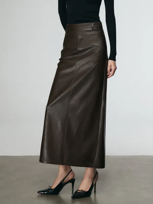 Faux Leather Split Midi Skirt sold by COMMENSE