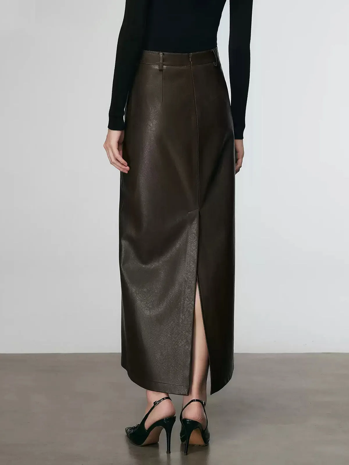 Faux Leather Split Midi Skirt sold by COMMENSE product image thumbnail 2