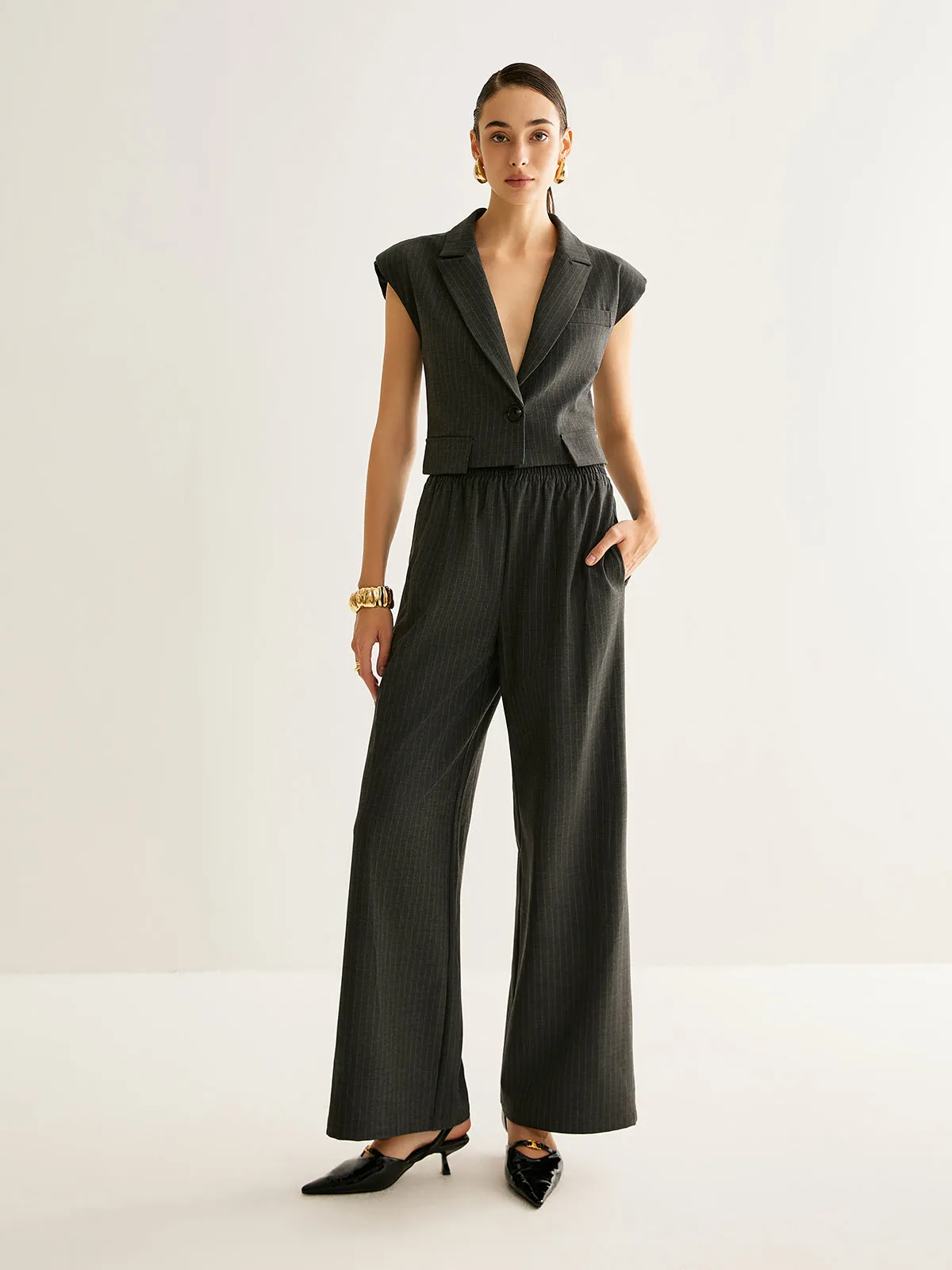 Elastic Waist Pinstripe Pants sold by COMMENSE
