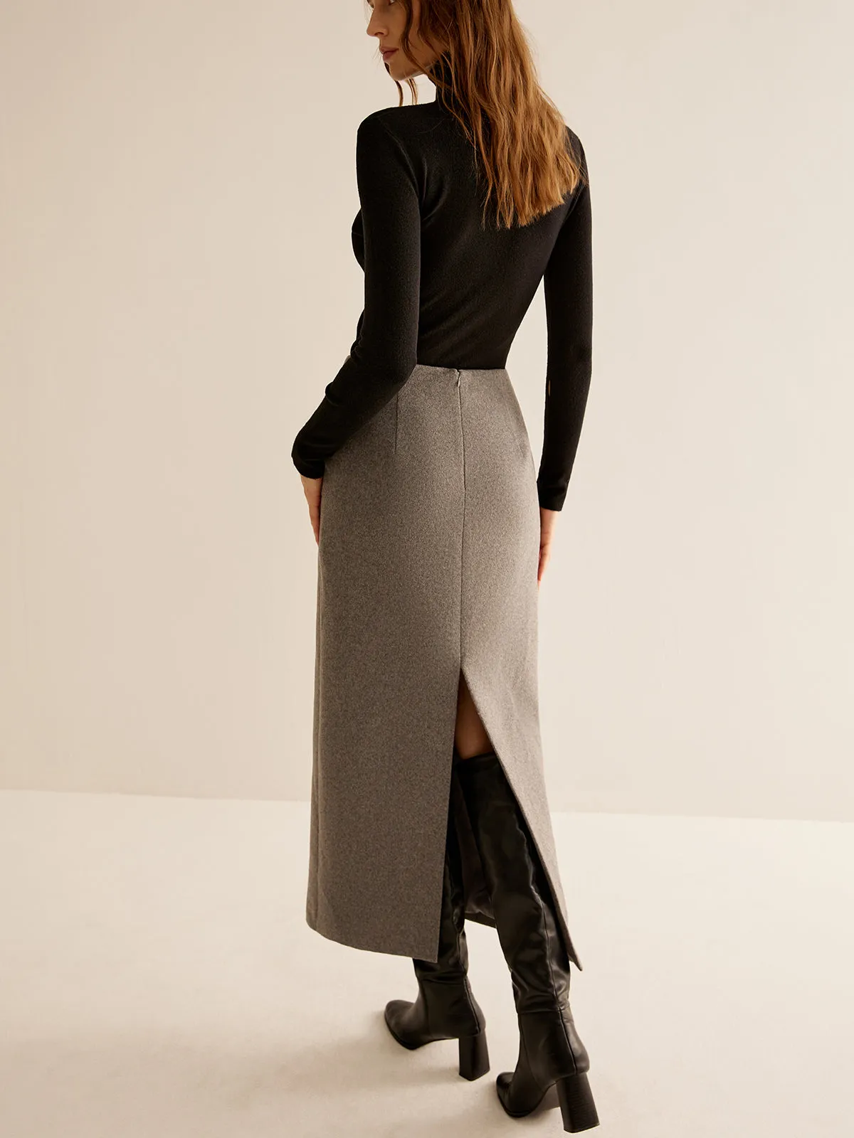 Wool-Blend Back Zipper Split Skirt sold by COMMENSE product image thumbnail 5