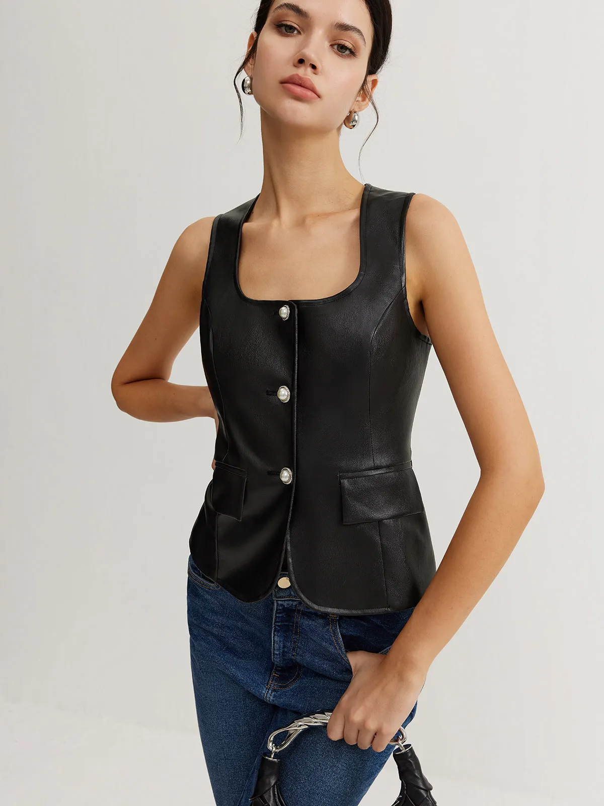 Faux Leather Button Vest sold by COMMENSE product image thumbnail 4