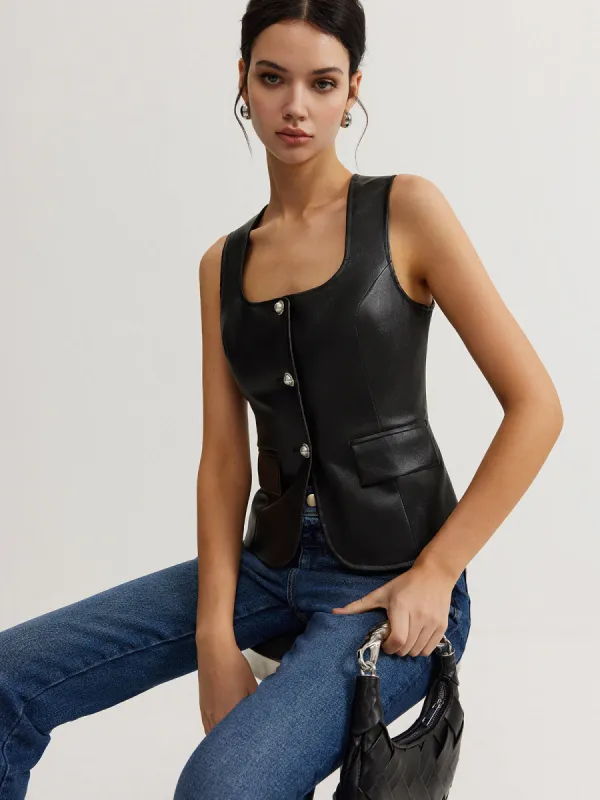 Faux Leather Button Vest sold by COMMENSE
