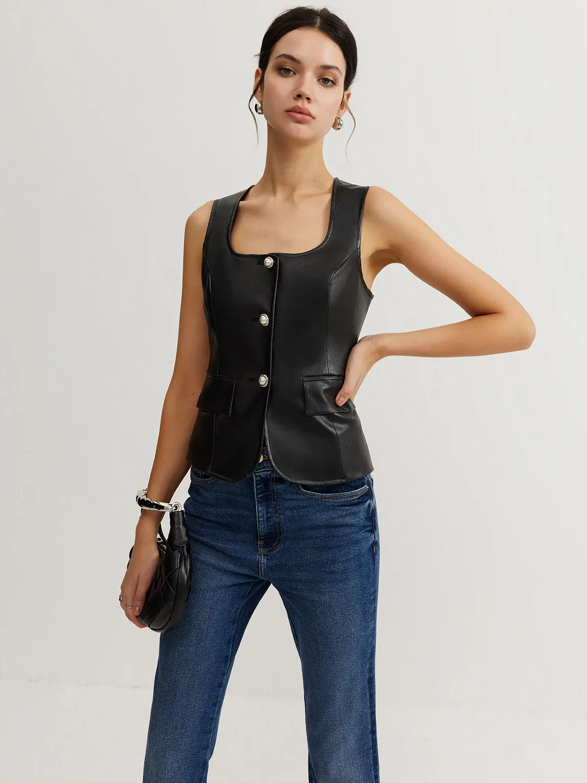 Faux Leather Button Vest sold by COMMENSE product image thumbnail 3
