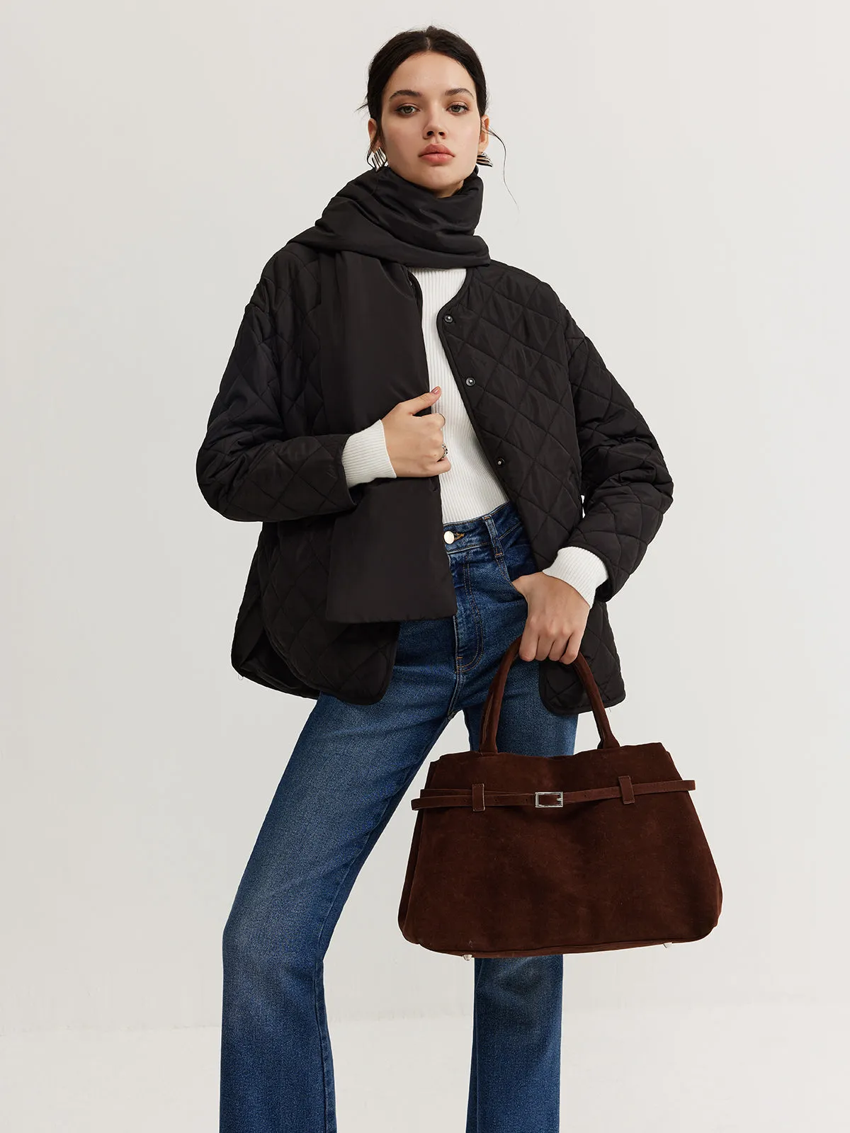 Plain Quilted Button Winter Coat With Scarf sold by COMMENSE
