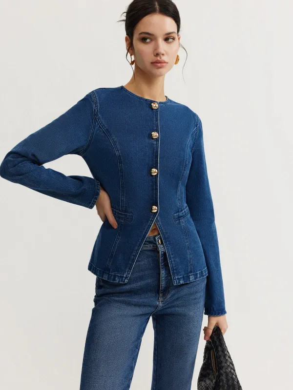 Button Down Denim Slim Blouse sold by COMMENSE