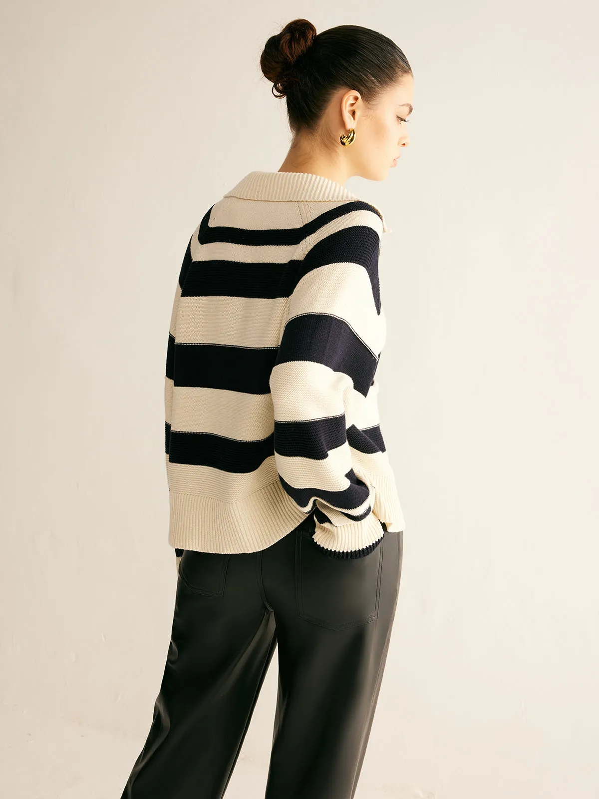 V-Neck Two-Tone Striped Polo Sweater sold by COMMENSE product image thumbnail 4