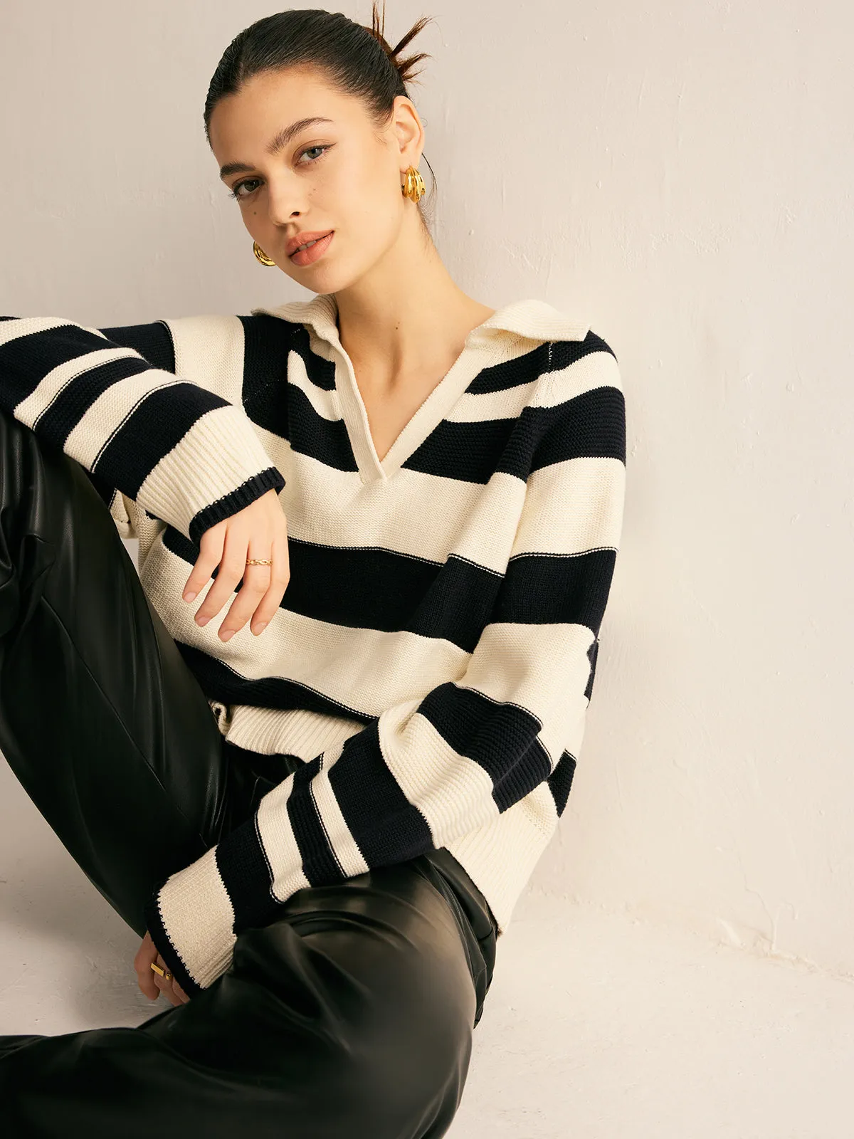 V-Neck Two-Tone Striped Polo Sweater sold by COMMENSE