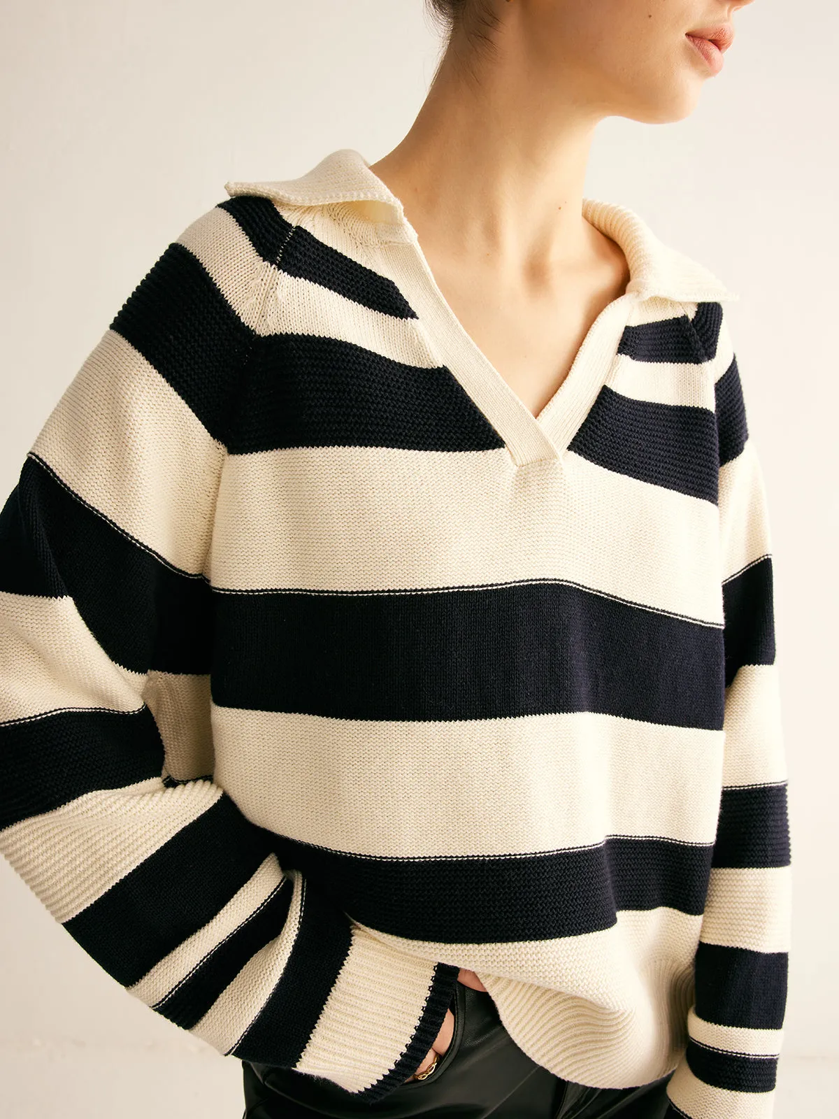 V-Neck Two-Tone Striped Polo Sweater sold by COMMENSE product image thumbnail 5