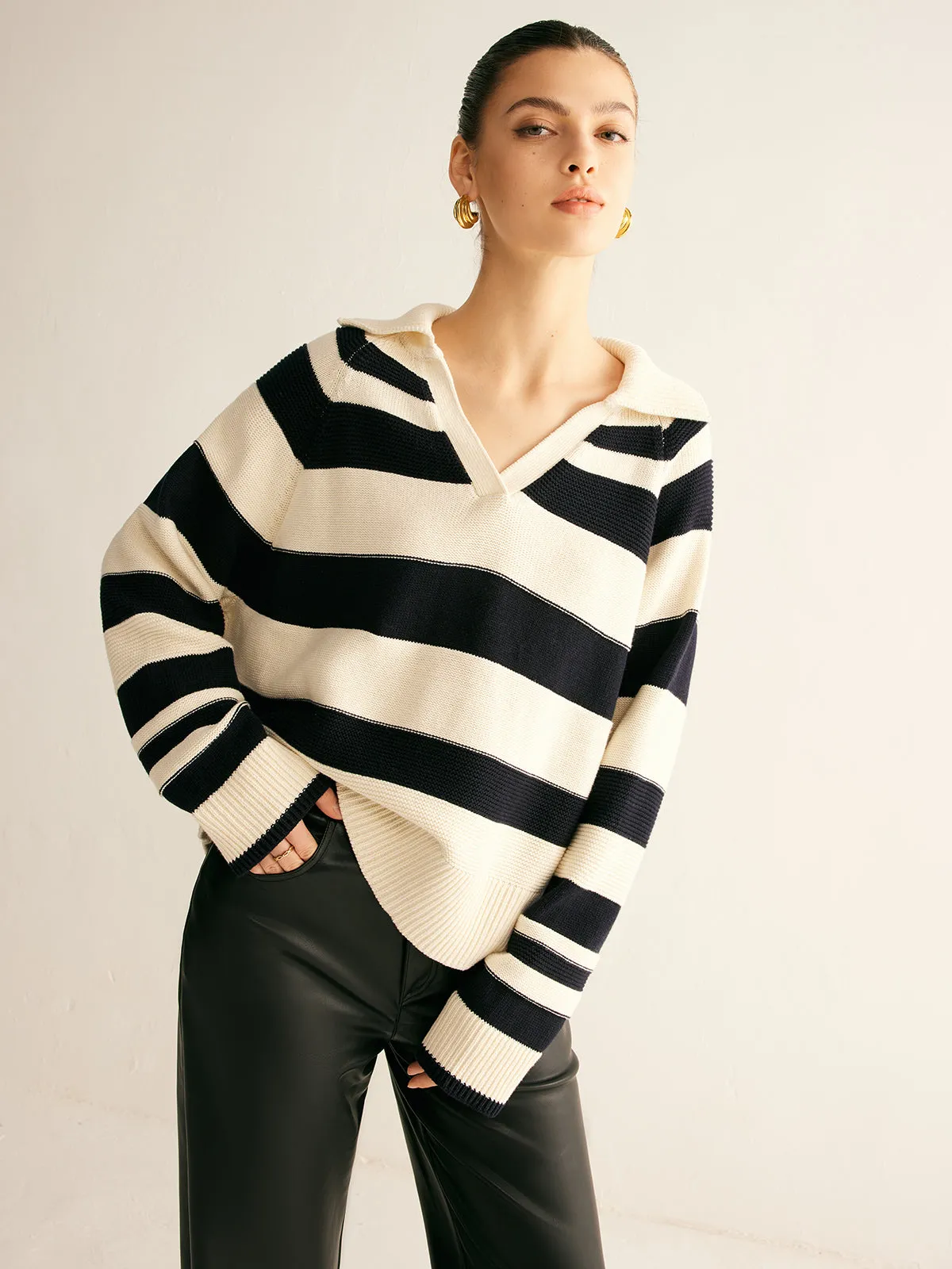 V-Neck Two-Tone Striped Polo Sweater sold by COMMENSE product image thumbnail 2