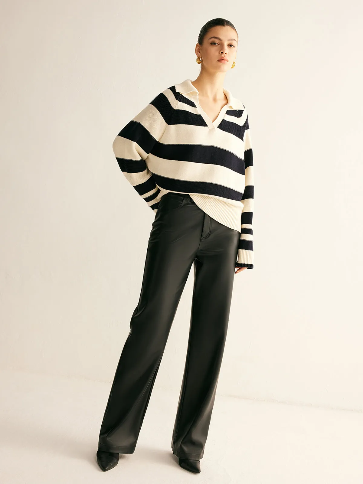 V-Neck Two-Tone Striped Polo Sweater sold by COMMENSE product image thumbnail 3