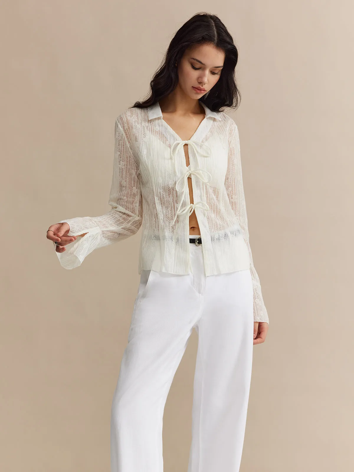Lace Tie Lapel Thin Blouse sold by COMMENSE product image thumbnail 2