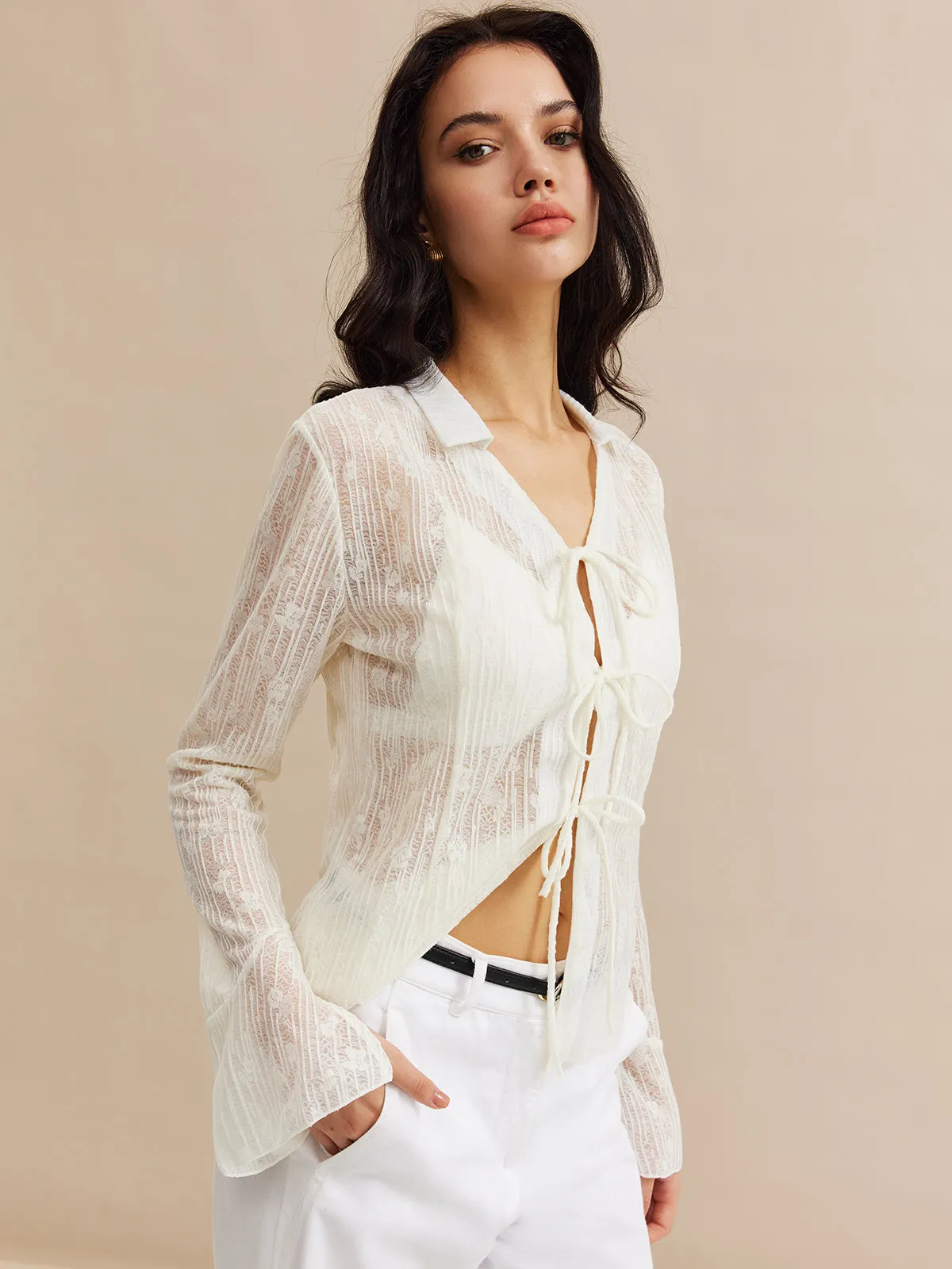 Lace Tie Lapel Thin Blouse sold by COMMENSE product image thumbnail 3