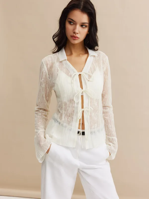 Lace Tie Lapel Thin Blouse sold by COMMENSE