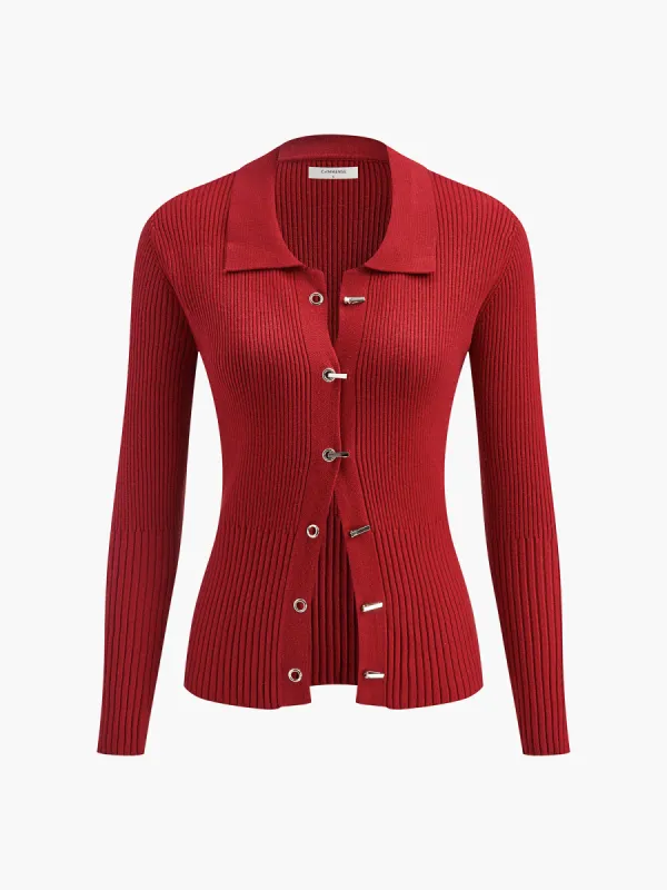 Ribbed Metal Design Polo Cardigan sold by COMMENSE
