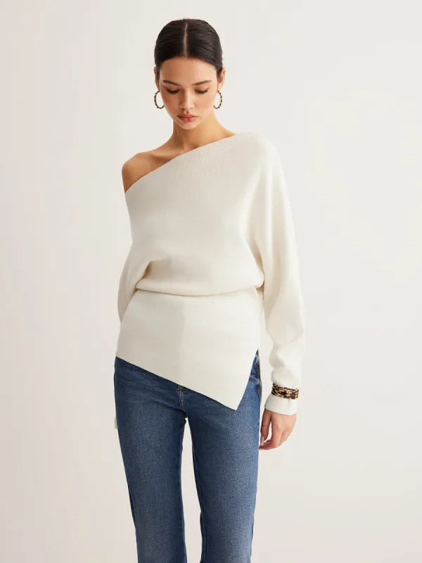 Wool-Blend Asymmetrical Neck Knit Top sold by COMMENSE