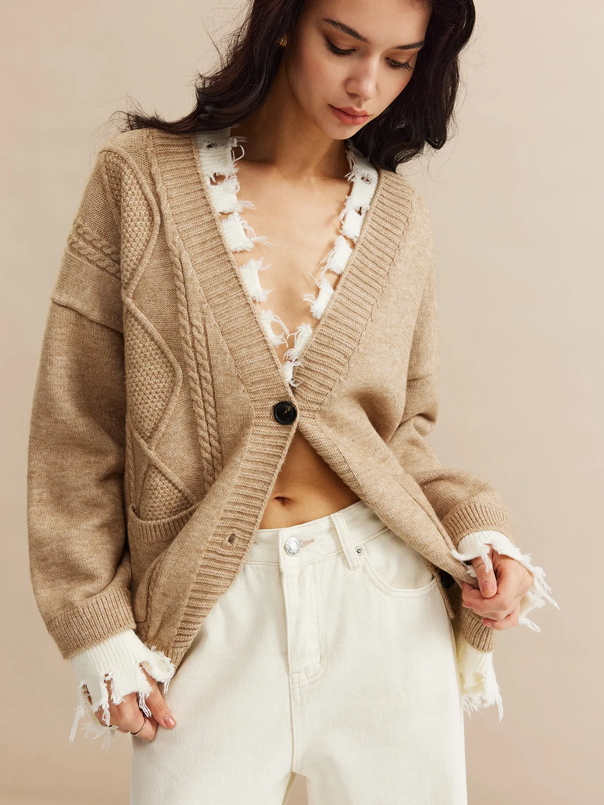 Contrast Raw Hem Button Knit Outerwear sold by COMMENSE product image thumbnail 3