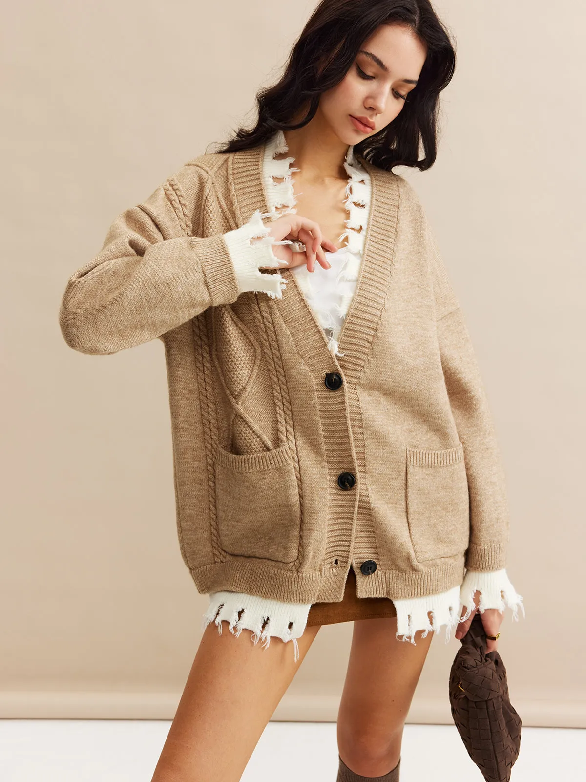 Contrast Raw Hem Button Knit Outerwear sold by COMMENSE product image thumbnail 4
