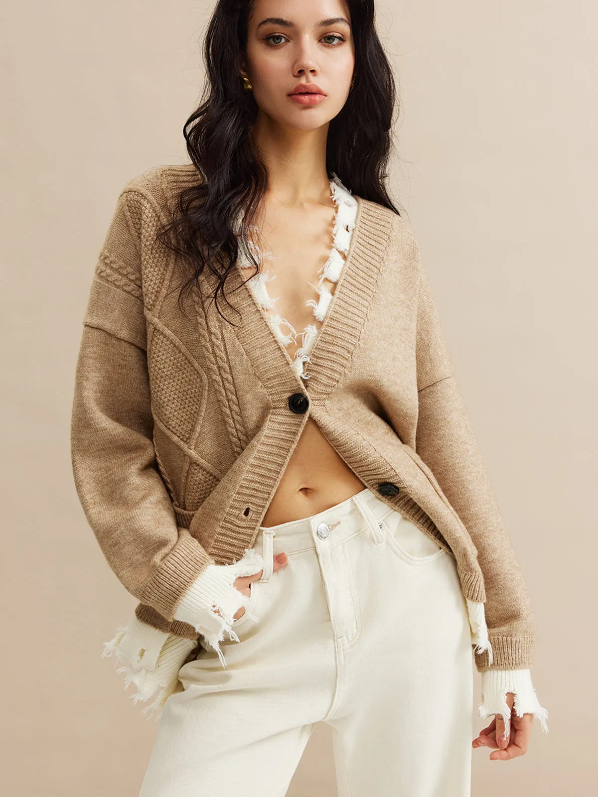 Contrast Raw Hem Button Knit Outerwear sold by COMMENSE