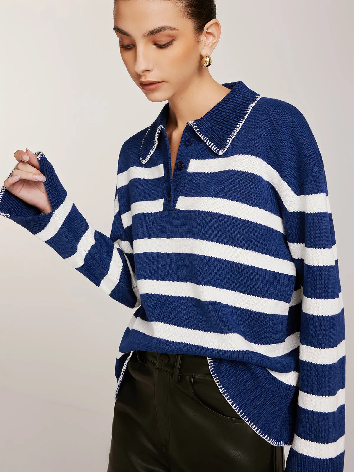 Striped Button Lapel Sweater sold by COMMENSE product image thumbnail 5