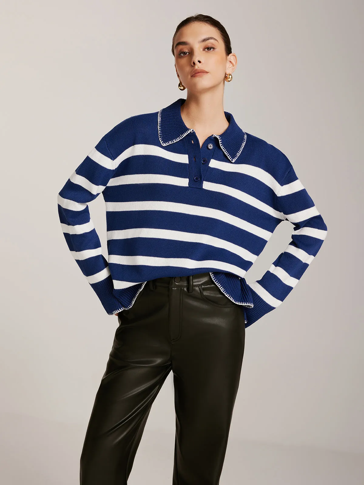 Striped Button Lapel Sweater sold by COMMENSE product image thumbnail 2