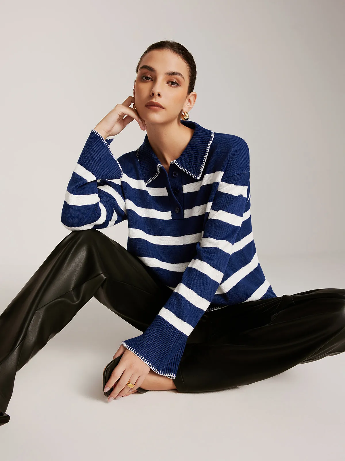 Striped Button Lapel Sweater sold by COMMENSE product image thumbnail 3