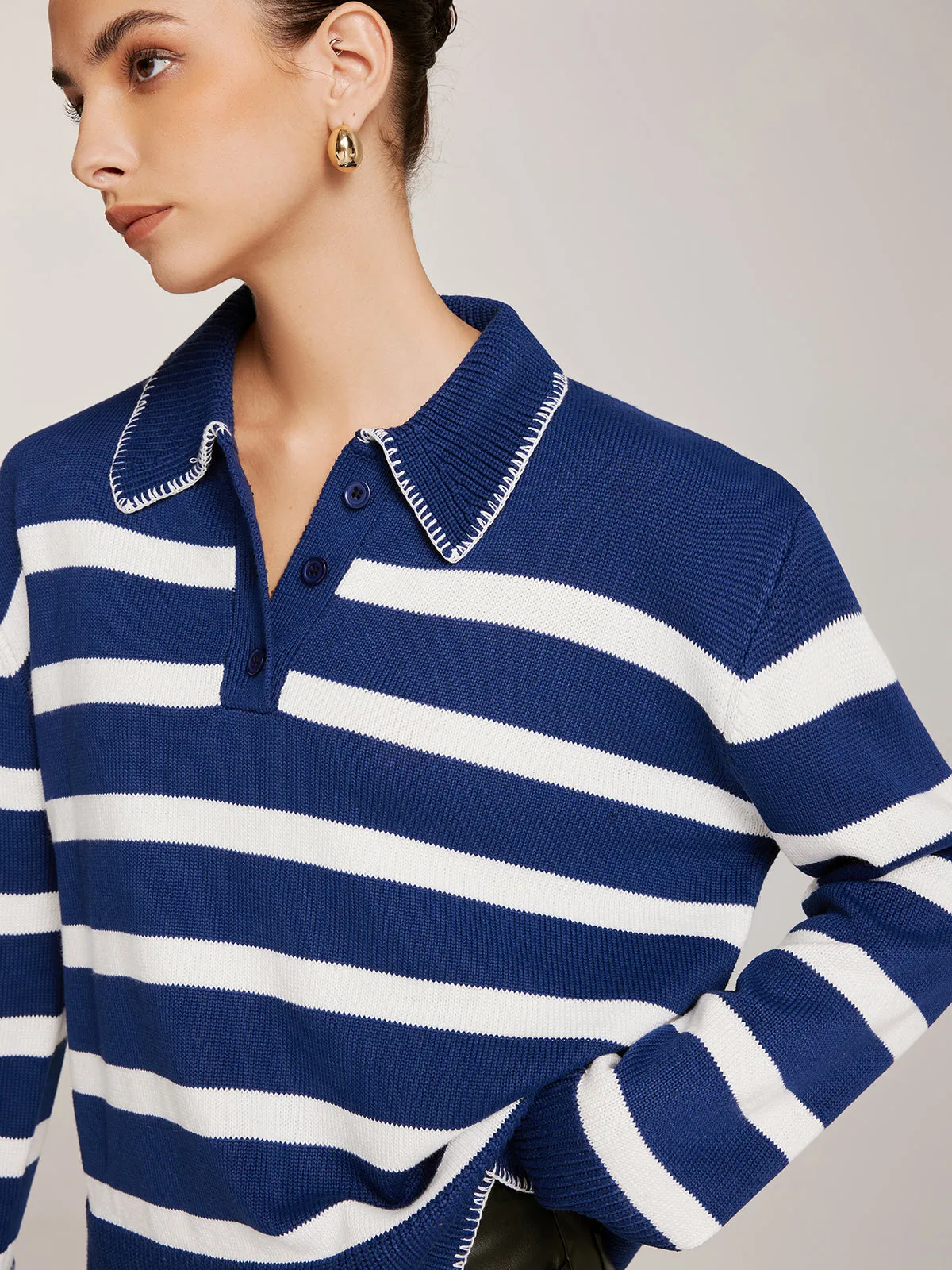 Striped Button Lapel Sweater sold by COMMENSE product image thumbnail 4