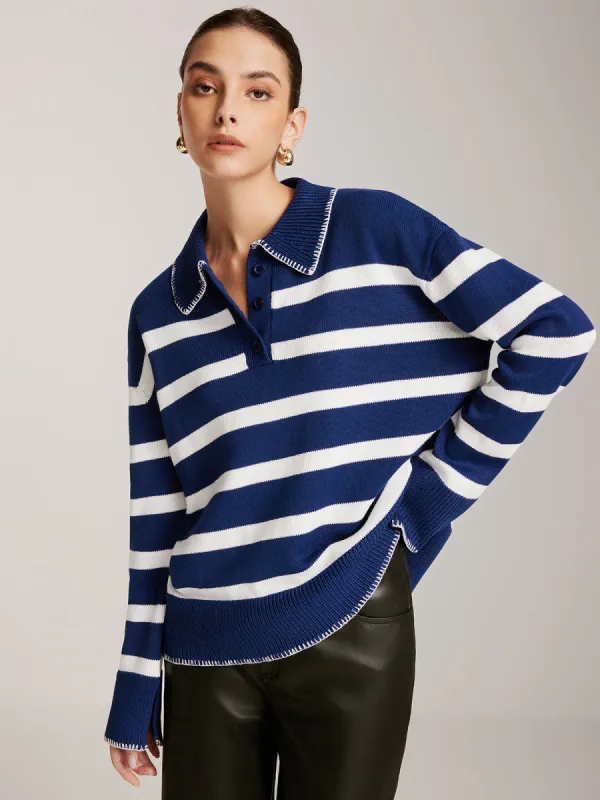Striped Button Lapel Sweater sold by COMMENSE