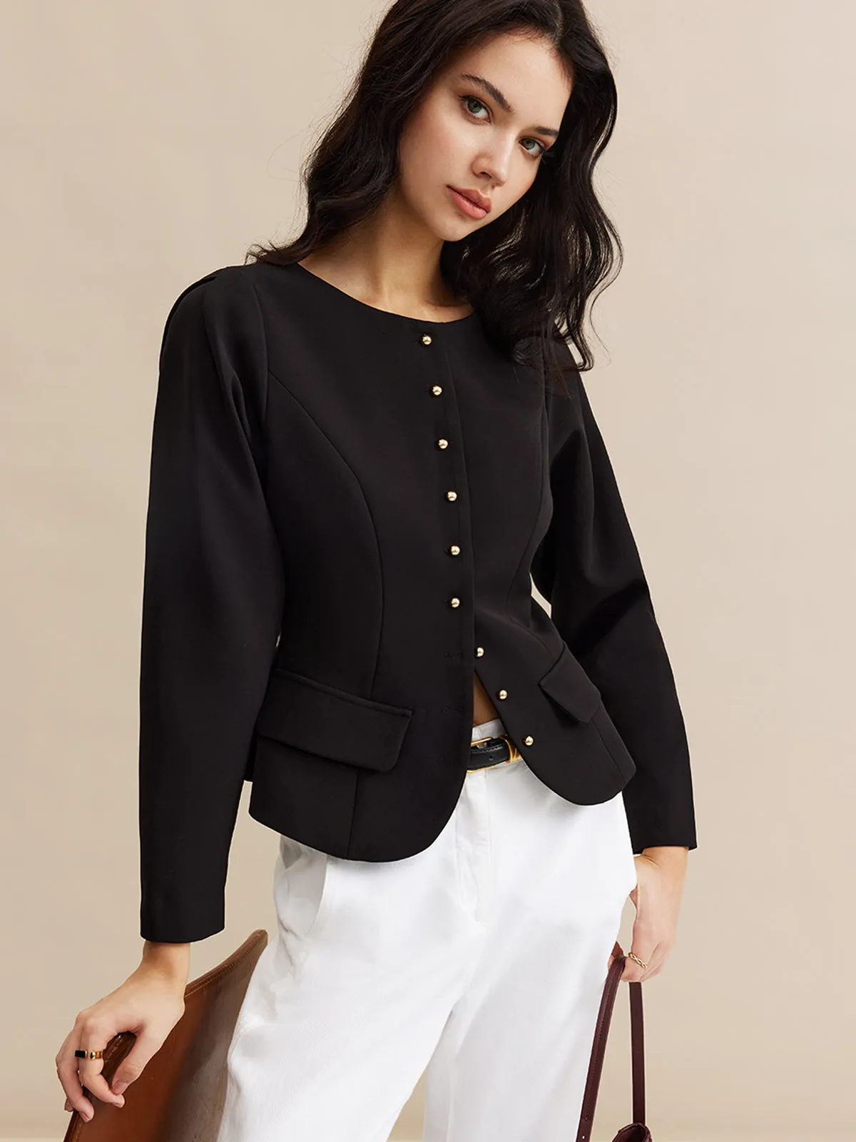 Button Down Piping Short Blouse sold by COMMENSE